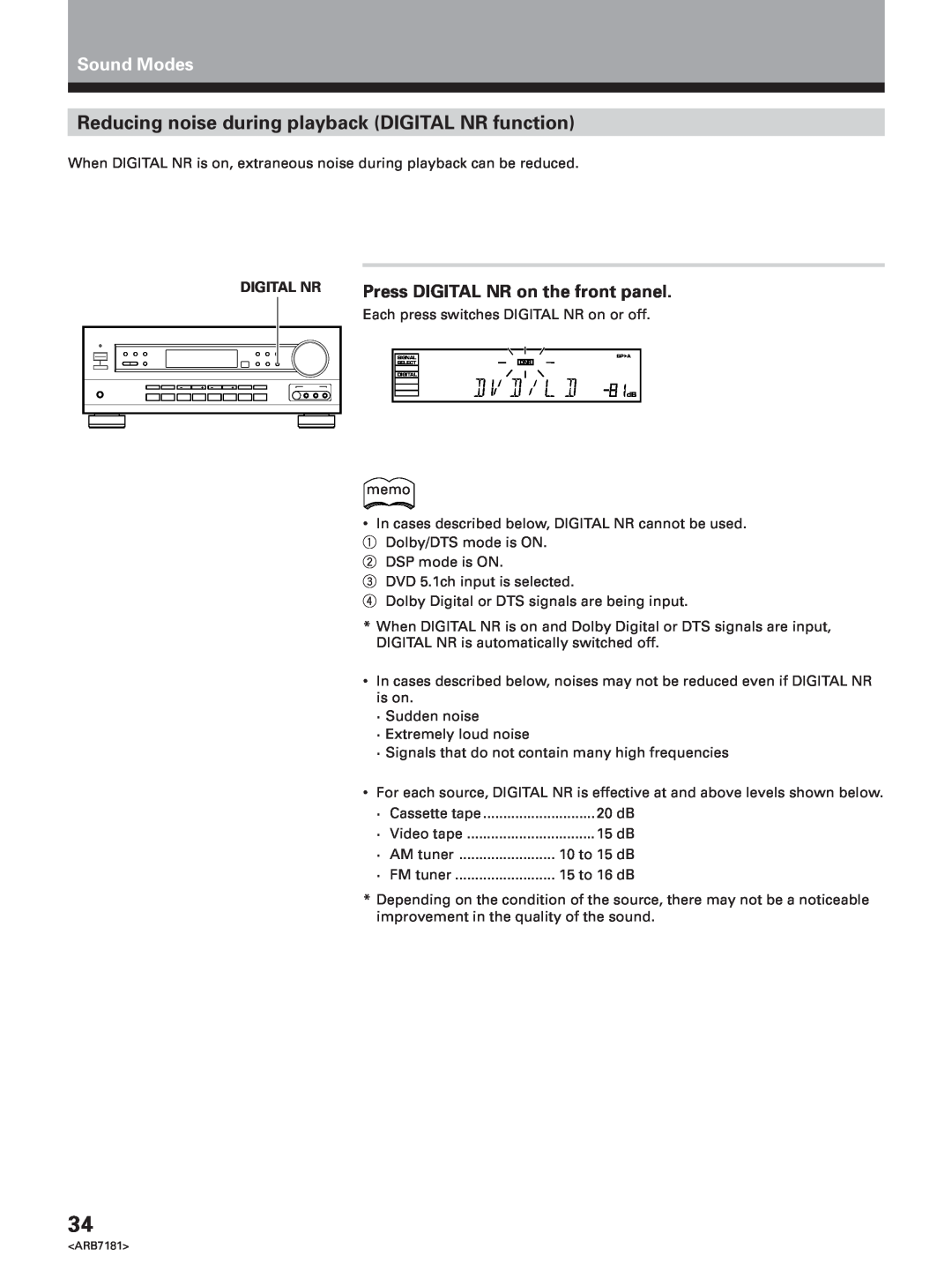 Pioneer VSX-21 manual Sound Modes, Press DIGITAL NR on the front panel, Digital Nr 