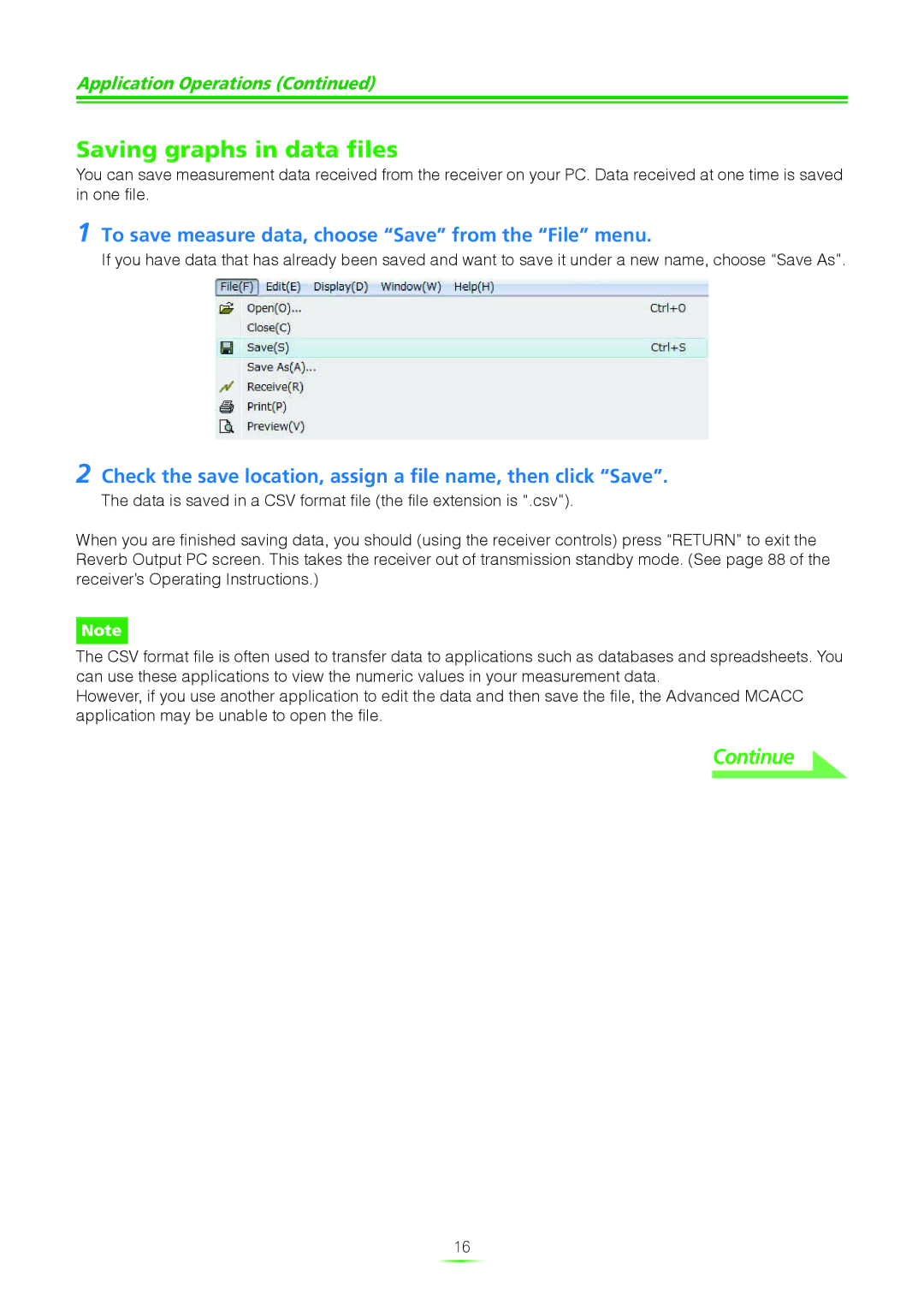 Pioneer VSX-21TXH, VSX-23TXH, VSX-9040TXH Saving graphs in data files, To save measure data, choose Save from the File menu 