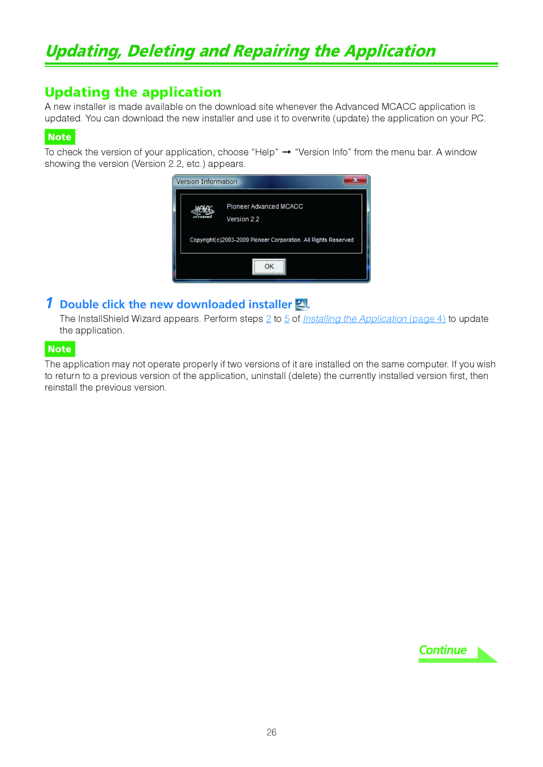 Pioneer VSX-9040TXH, VSX-21TXH, VSX-23TXH manual Updating, Deleting and Repairing the Application, Updating the application 