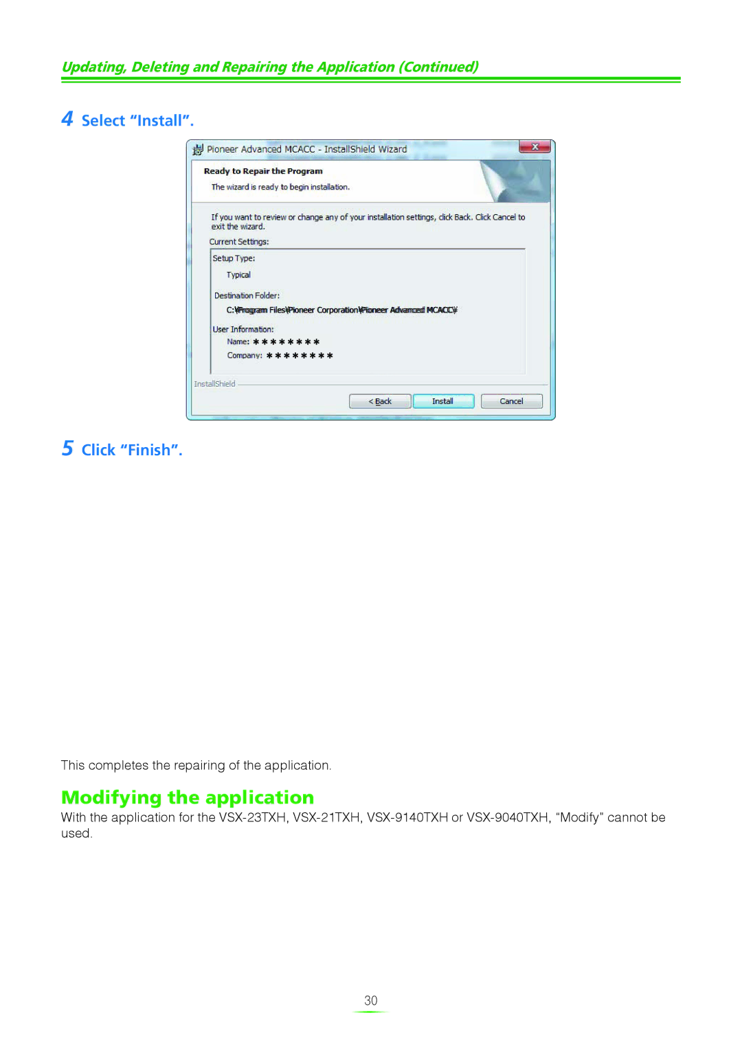 Pioneer VSX-9040TXH, VSX-21TXH, VSX-23TXH, VSX-9140TXH manual Modifying the application, Select Install Click Finish 