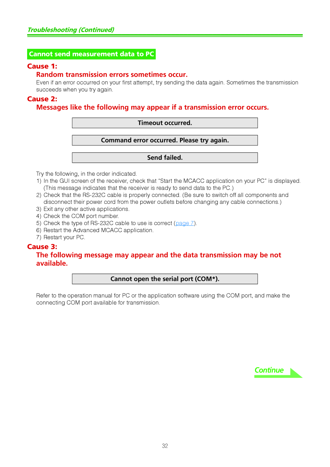 Pioneer VSX-21TXH, VSX-23TXH, VSX-9040TXH, VSX-9140TXH manual Cause Random transmission errors sometimes occur 