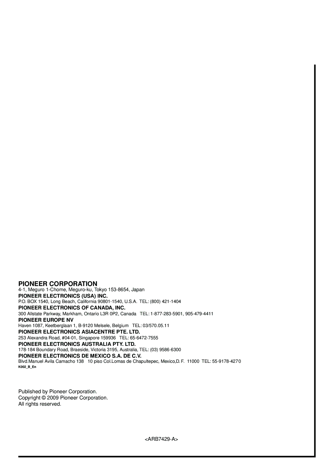 Pioneer VSX-9140TXH, VSX-21TXH, VSX-23TXH, VSX-9040TXH manual Pioneer Corporation 