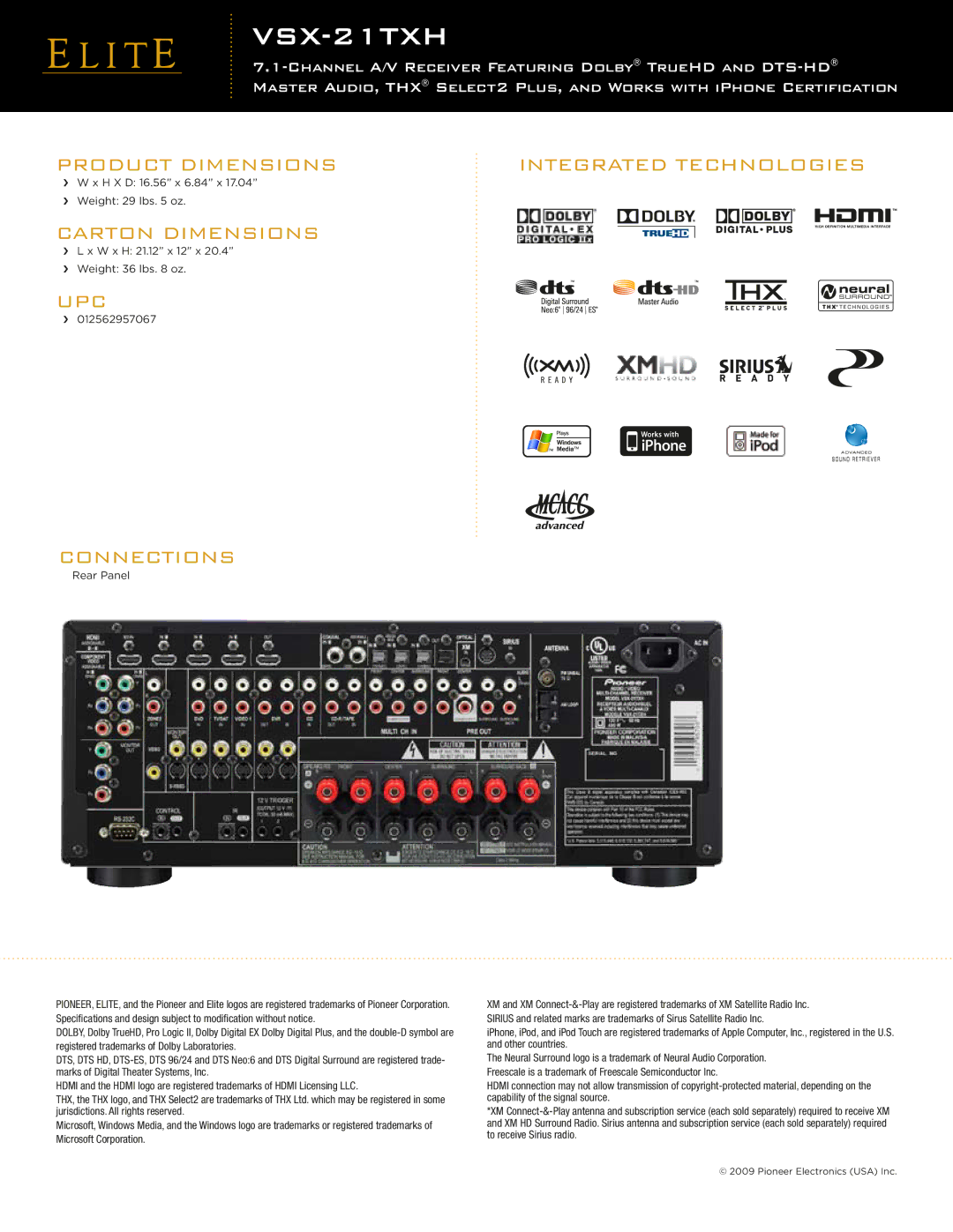 Pioneer VSX-21TXH manual Integrated Technologies, Upc, Product Dimensions, Carton Dimensions, Connections 