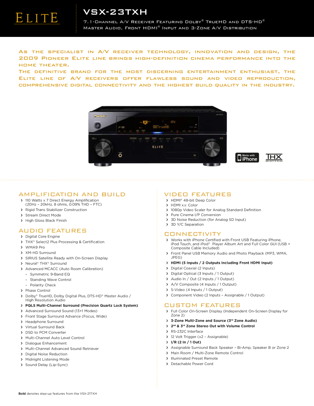 Pioneer VSX-23TXH manual Amplification and Build, Audio Features, Video Features, Connectivity, Custom Features 