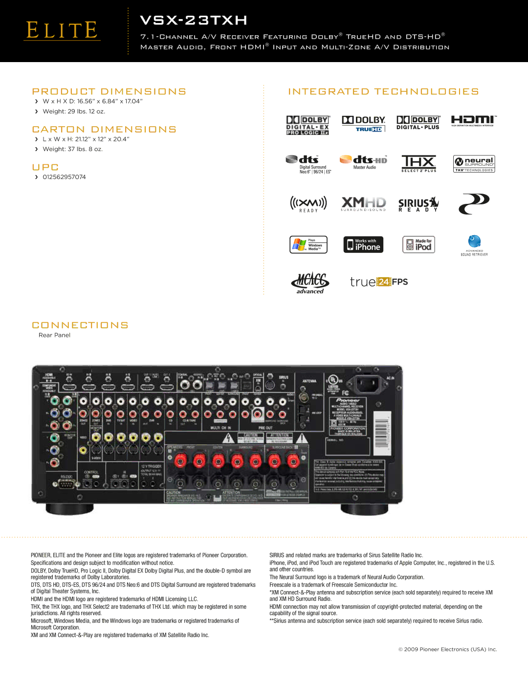 Pioneer VSX-23TXH manual Integrated Technologies, Upc, Product Dimensions, Carton Dimensions, Connections 