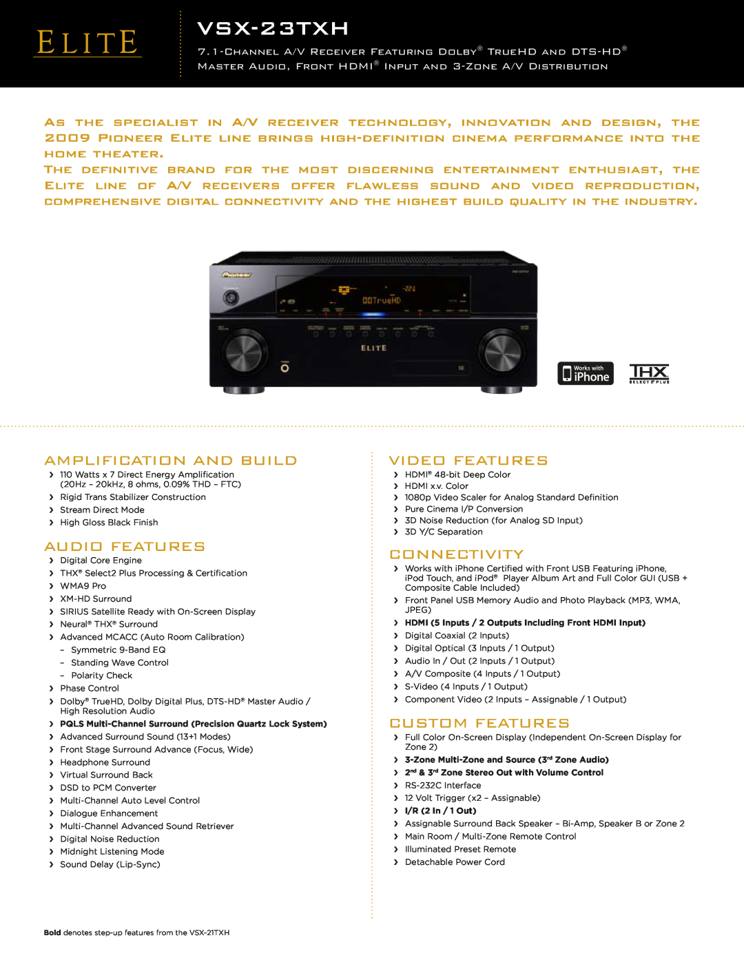 Pioneer VSX-23TXH manual Amplification And Build, Audio Features, Video Features, Connectivity, Custom Features 