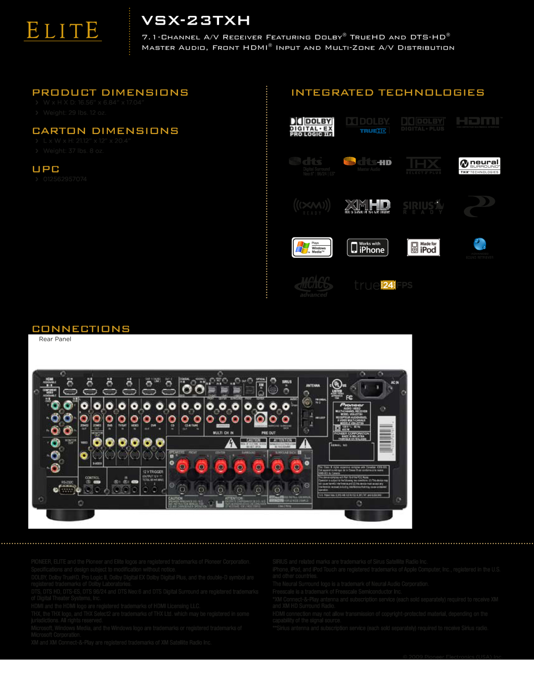 Pioneer VSX-23TXH manual Integrated Technologies, Product Dimensions, Carton Dimensions, Connections 