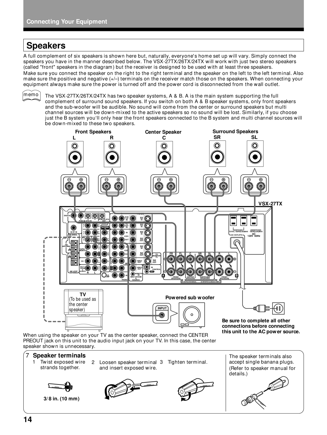 Pioneer VSX-24TX, VSX-27TX, VSX-26TX manual Speaker terminals, Front Speakers, Surround Speakers, Powered sub woofer 
