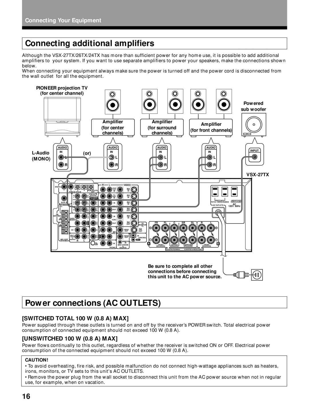 Pioneer VSX-26TX, VSX-27TX Connecting additional amplifiers, Power connections AC Outlets, Switched Total 100 W 0.8 a MAX 