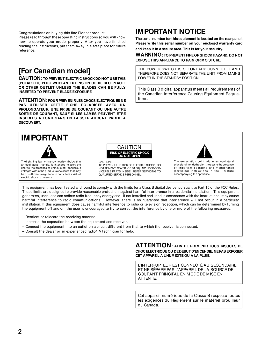 Pioneer VSX-24TX, VSX-27TX, VSX-26TX manual For Canadian model, Important Notice 