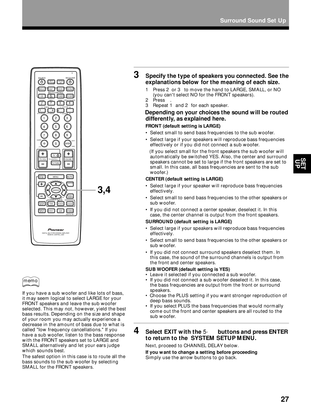 Pioneer VSX-27TX manual Front default setting is Large, Center default setting is Large, Surround default setting is Large 