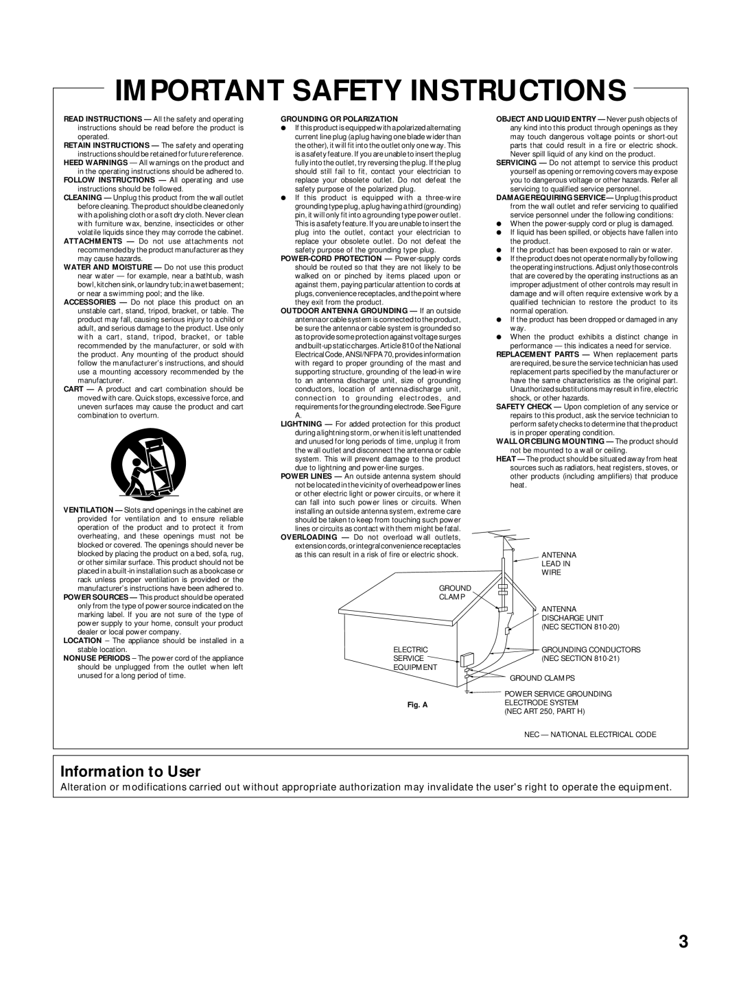 Pioneer VSX-27TX, VSX-26TX, VSX-24TX manual Important Safety Instructions, Information to User 