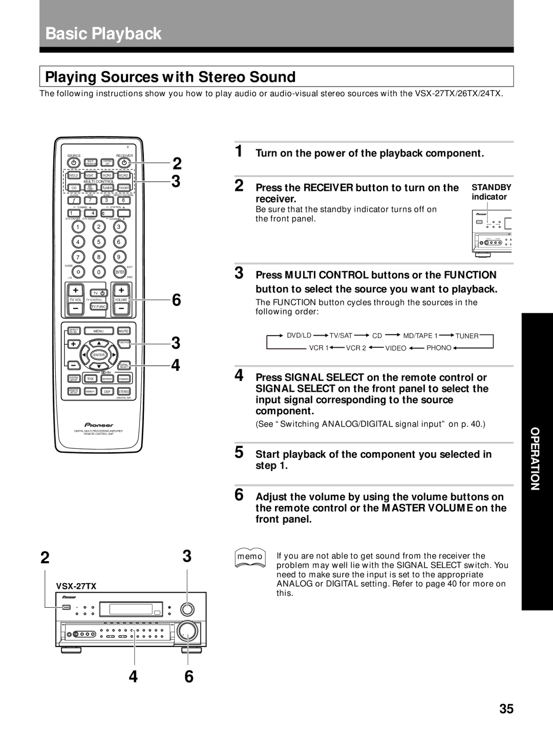 Pioneer VSX-24TX, VSX-27TX, VSX-26TX manual Basic Playback, Playing Sources with Stereo Sound, Receiver, Standby, Indicator 