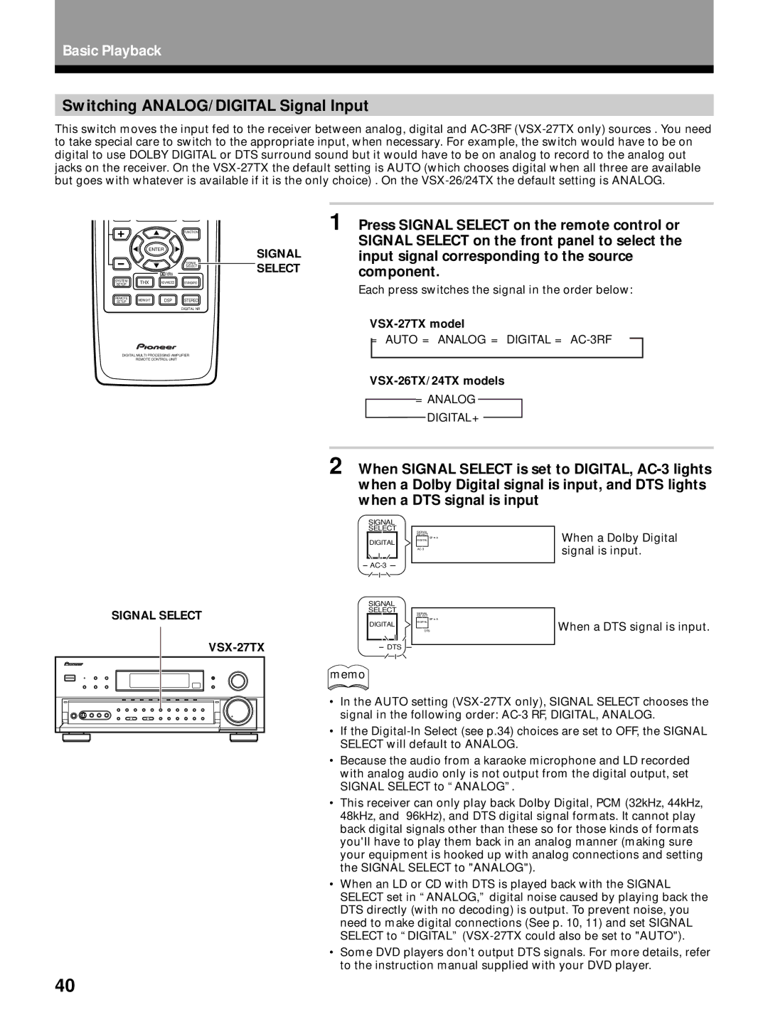 Pioneer VSX-26TX Switching ANALOG/DIGITAL Signal Input, Signal Select, Each press switches the signal in the order below 