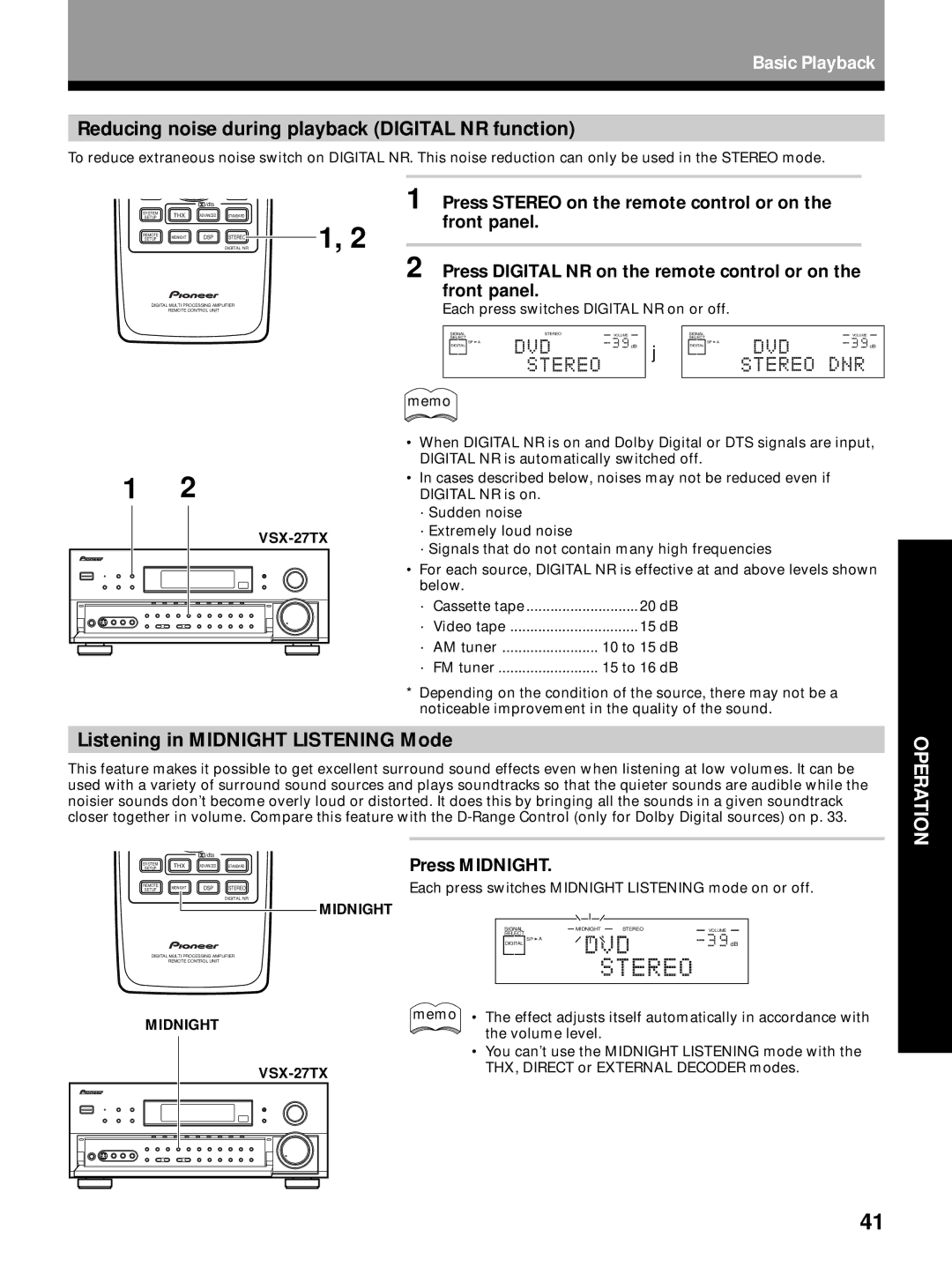 Pioneer VSX-24TX, VSX-27TX manual Reducing noise during playback Digital NR function, Listening in Midnight Listening Mode 