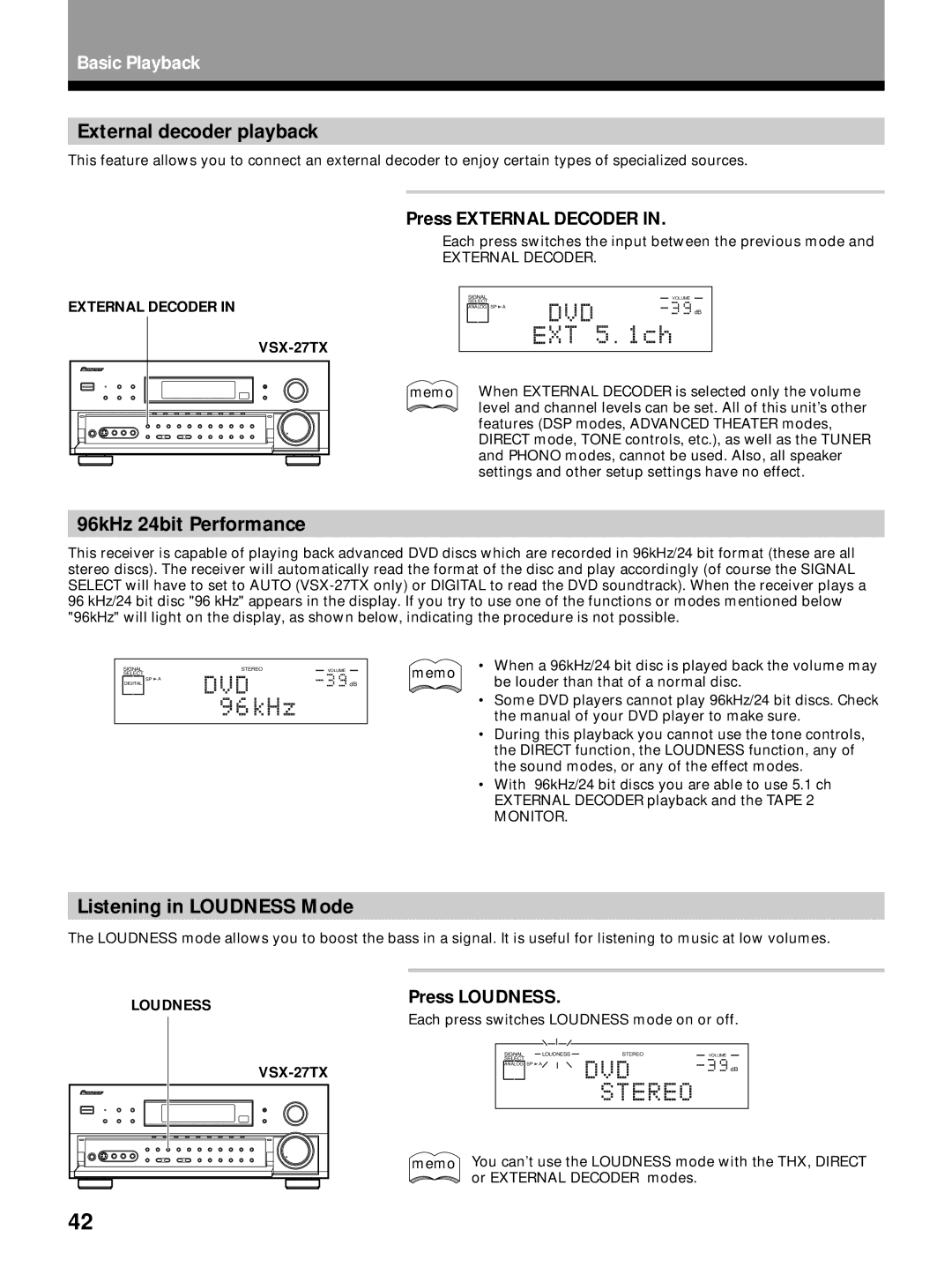 Pioneer VSX-27TX External decoder playback, 96kHz 24bit Performance, Listening in Loudness Mode, Press External Decoder 