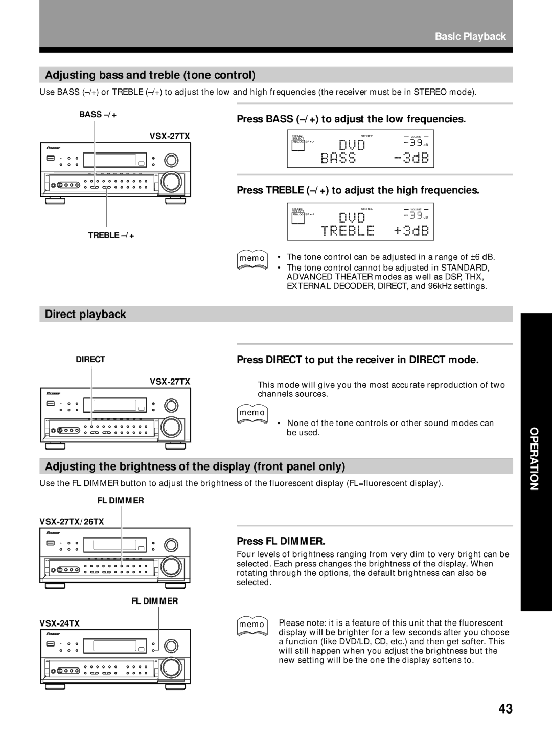 Pioneer VSX-26TX, VSX-27TX, VSX-24TX manual Adjusting bass and treble tone control, Direct playback 