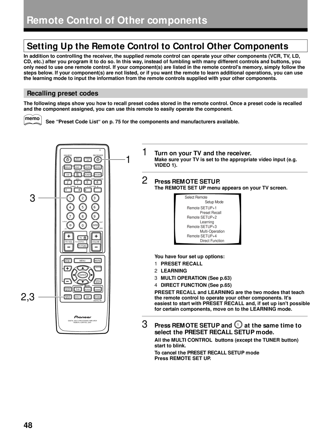 Pioneer VSX-27TX, VSX-26TX Remote Control of Other components, Setting Up the Remote Control to Control Other Components 