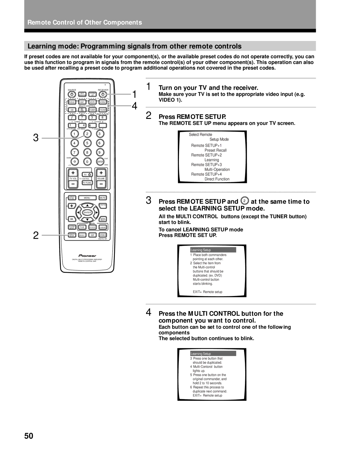 Pioneer VSX-24TX, VSX-27TX, VSX-26TX Press Remote Setup and 2 at the same time to, Select the Learning Setup mode, Video 