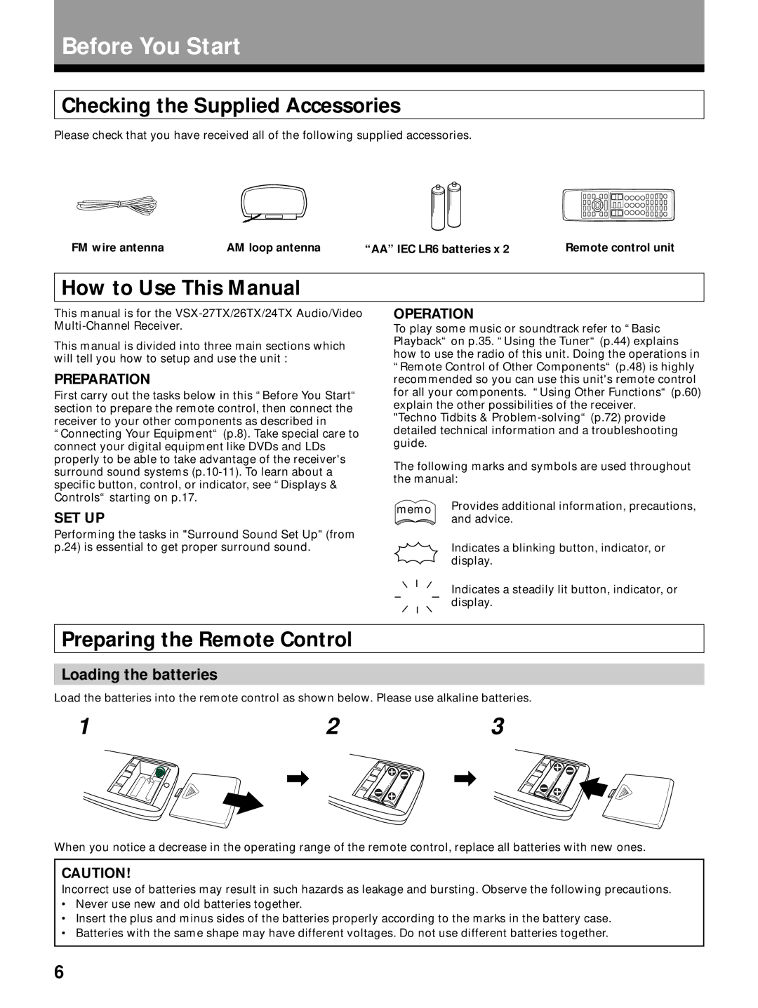 Pioneer VSX-27TX Before You Start, Checking the Supplied Accessories, How to Use This Manual, Preparing the Remote Control 