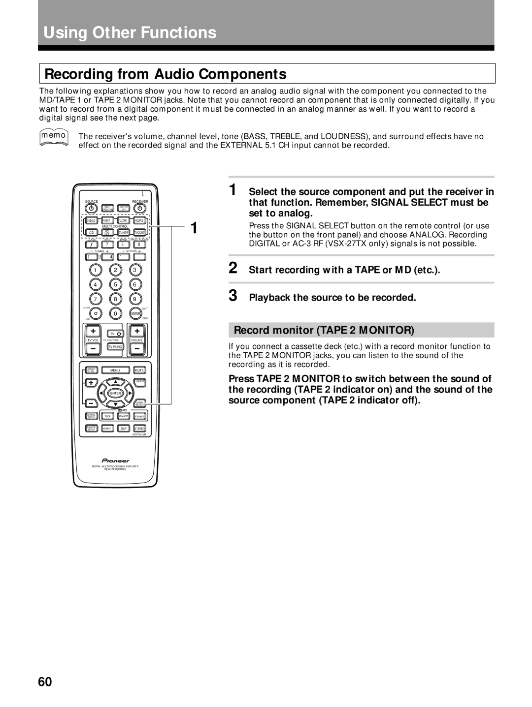 Pioneer VSX-27TX, VSX-26TX, VSX-24TX Using Other Functions, Recording from Audio Components, Record monitor Tape 2 Monitor 