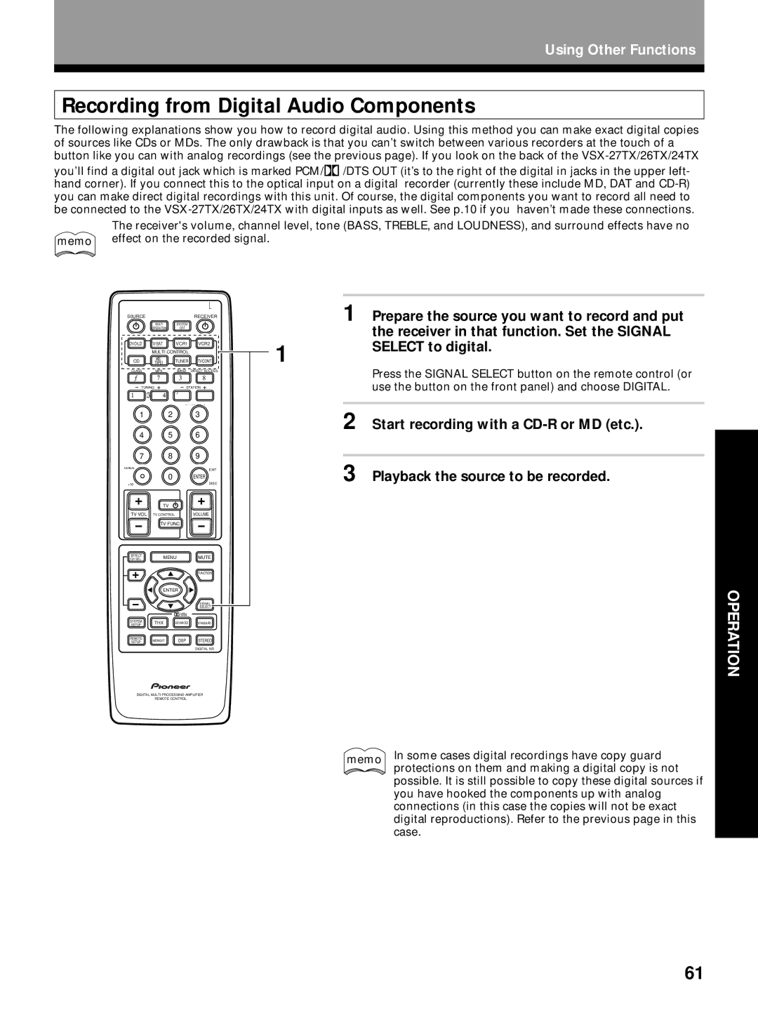 Pioneer VSX-26TX Recording from Digital Audio Components, Prepare the source you want to record and put, Select to digital 