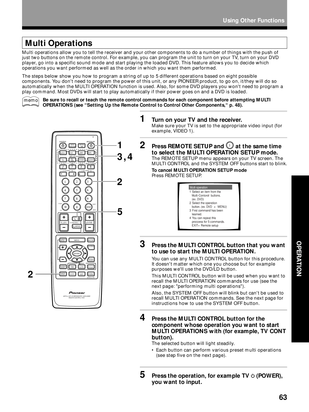 Pioneer VSX-27TX, VSX-26TX, VSX-24TX manual Multi Operations, To cancel Multi Operation Setup mode, Press Remote Setup 