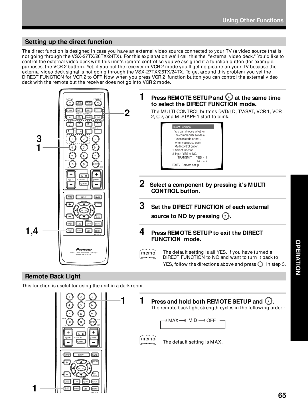 Pioneer VSX-24TX, VSX-27TX Setting up the direct function, Remote Back Light, Press Remote Setup and 4 at the same time 