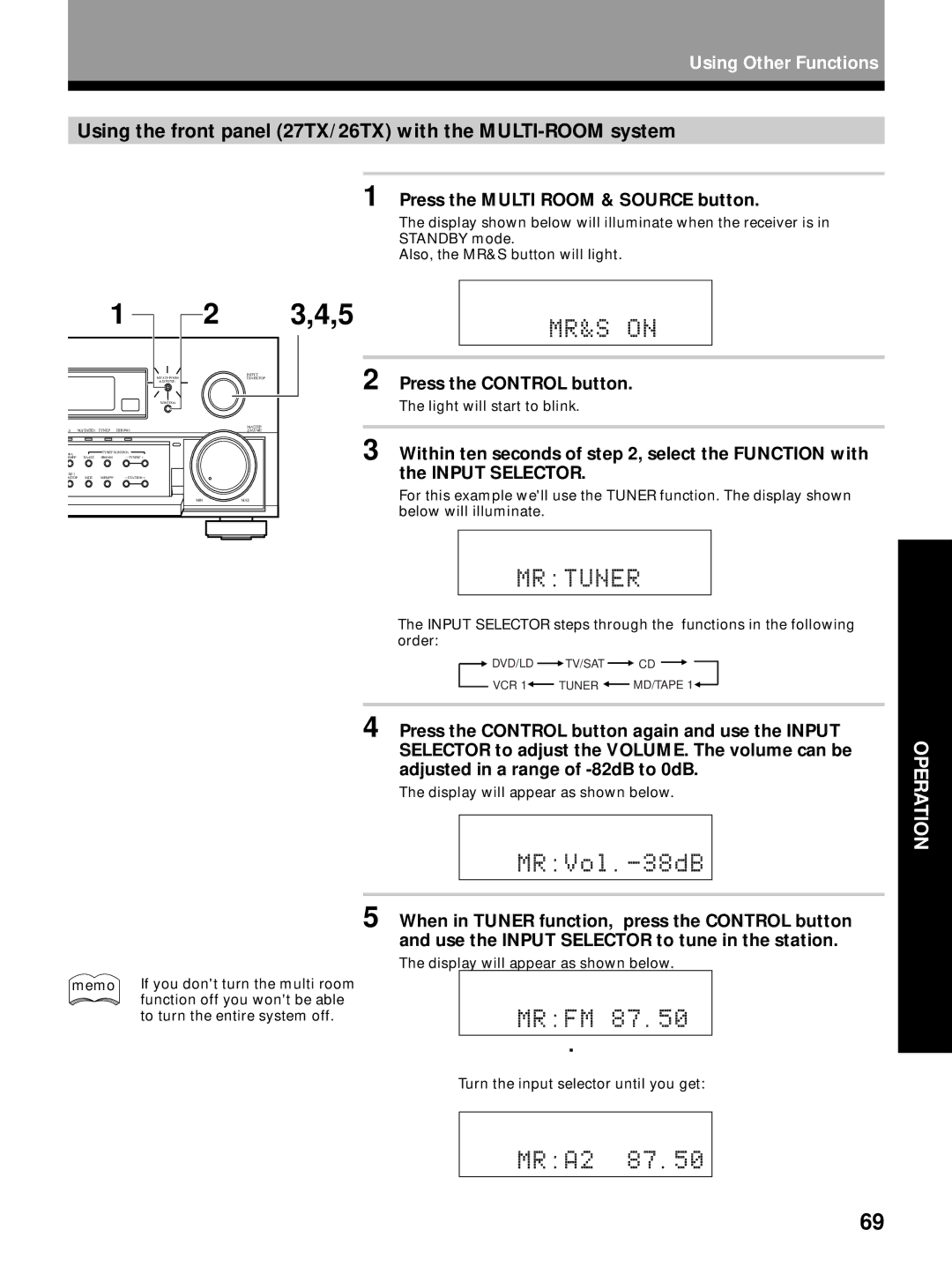 Pioneer VSX-27TX manual Using the front panel 27TX/26TX with the MULTI-ROOM system, Press the Multi Room & Source button 