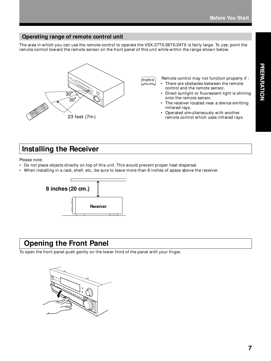 Pioneer VSX-26TX Installing the Receiver, Opening the Front Panel, Operating range of remote control unit, Inches 20 cm 