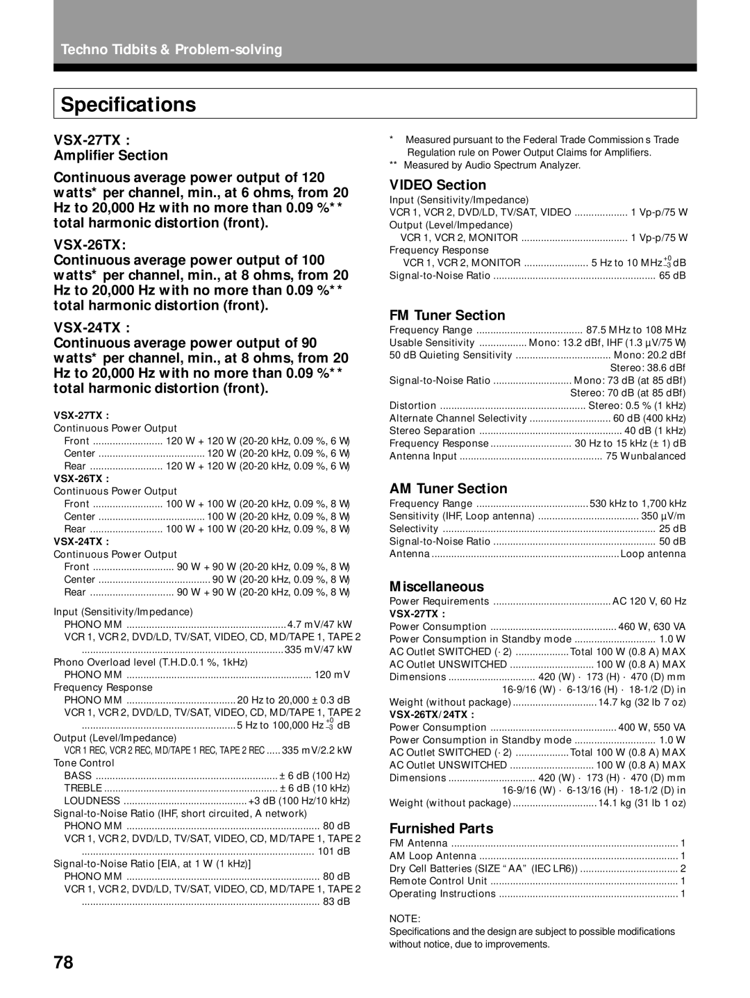 Pioneer VSX-27TX, VSX-24TX manual Specifications, VSX-26TX 