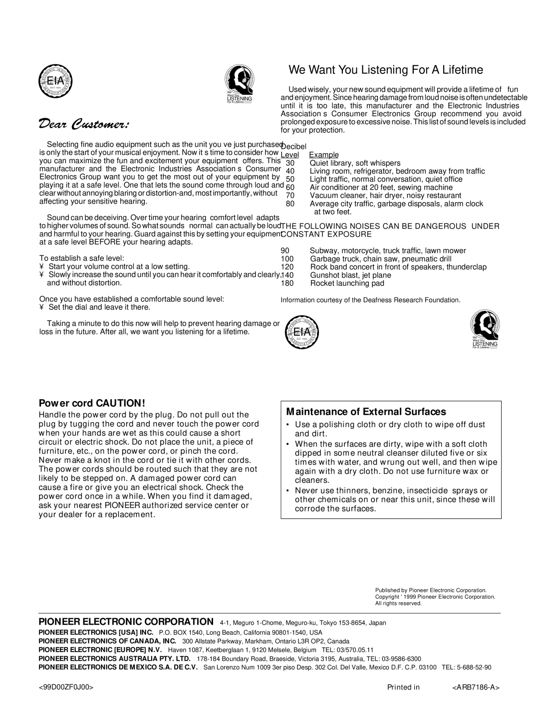 Pioneer VSX-24TX, VSX-27TX, VSX-26TX manual Eia, Power cord Caution, Maintenance of External Surfaces 