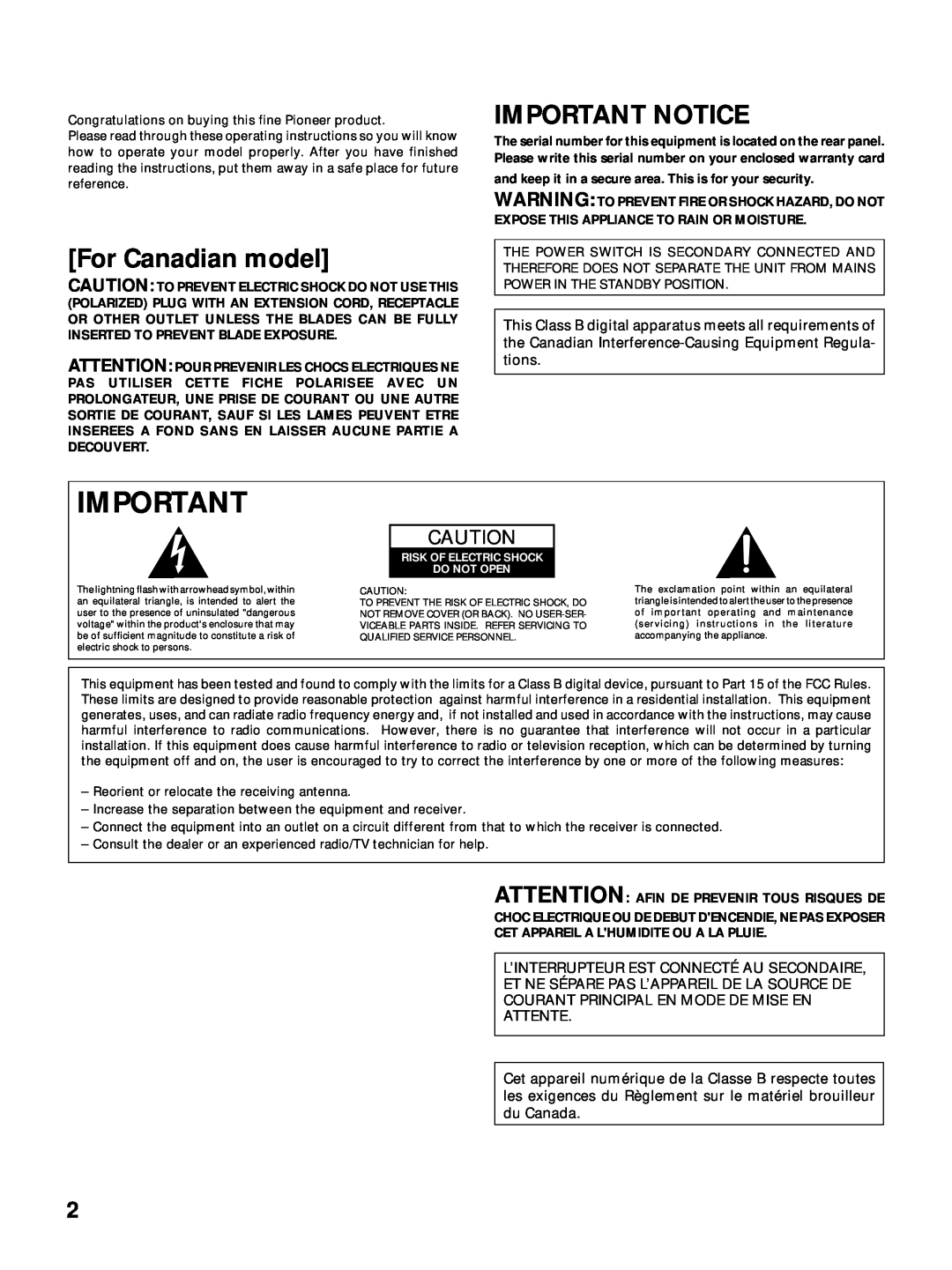 Pioneer VSX-24TX, VSX-27TX, VSX-26TX manual For Canadian model, Important Notice, L’Interrupteur Est Connecté Au Secondaire 