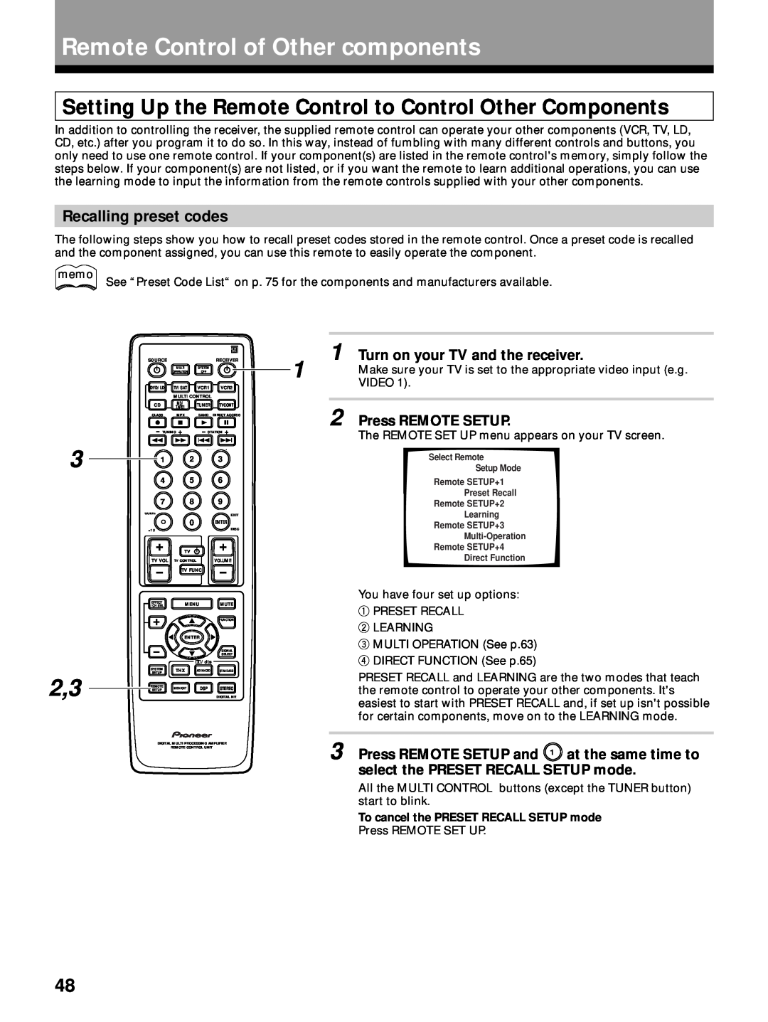 Pioneer VSX-27TX, VSX-26TX Remote Control of Other components, Recalling preset codes, Turn on your TV and the receiver 