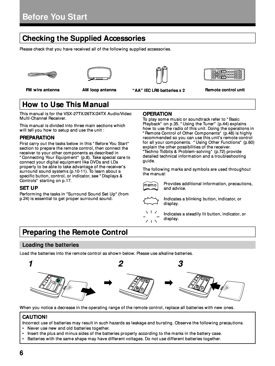 Pioneer VSX-27TX Before You Start, Checking the Supplied Accessories, How to Use This Manual, Preparing the Remote Control 