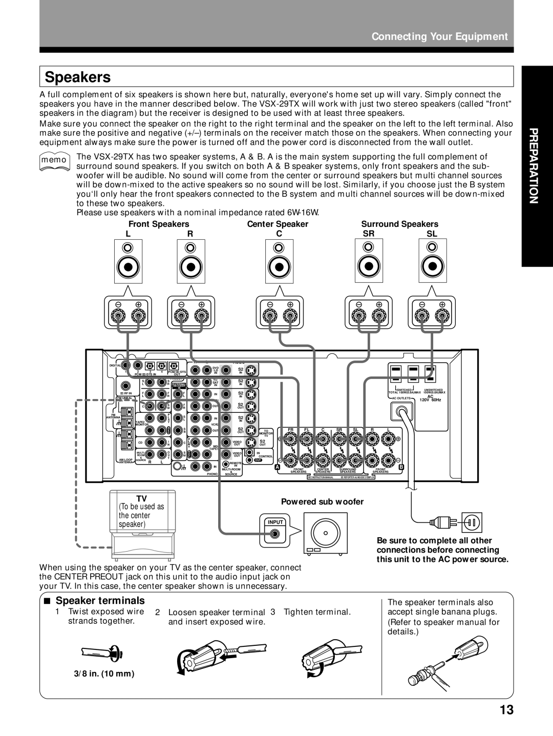 Pioneer VSX-29TX manual Speaker terminals, Front Speakers, Surround Speakers, Powered sub woofer 