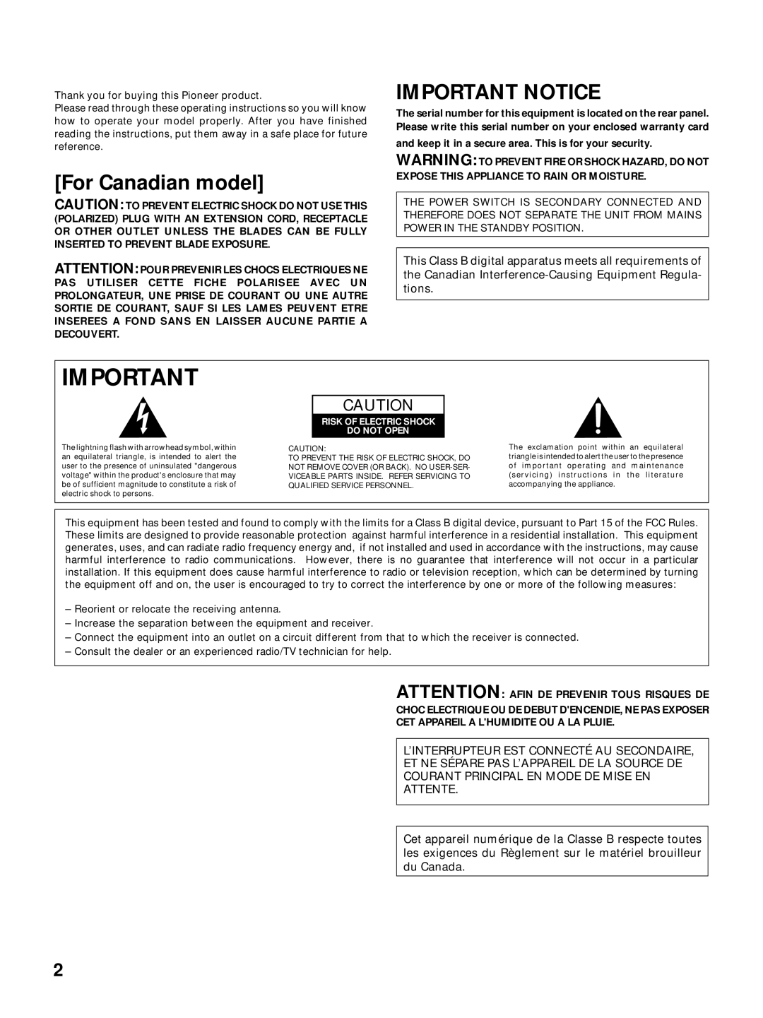 Pioneer VSX-29TX manual For Canadian model, Important Notice 