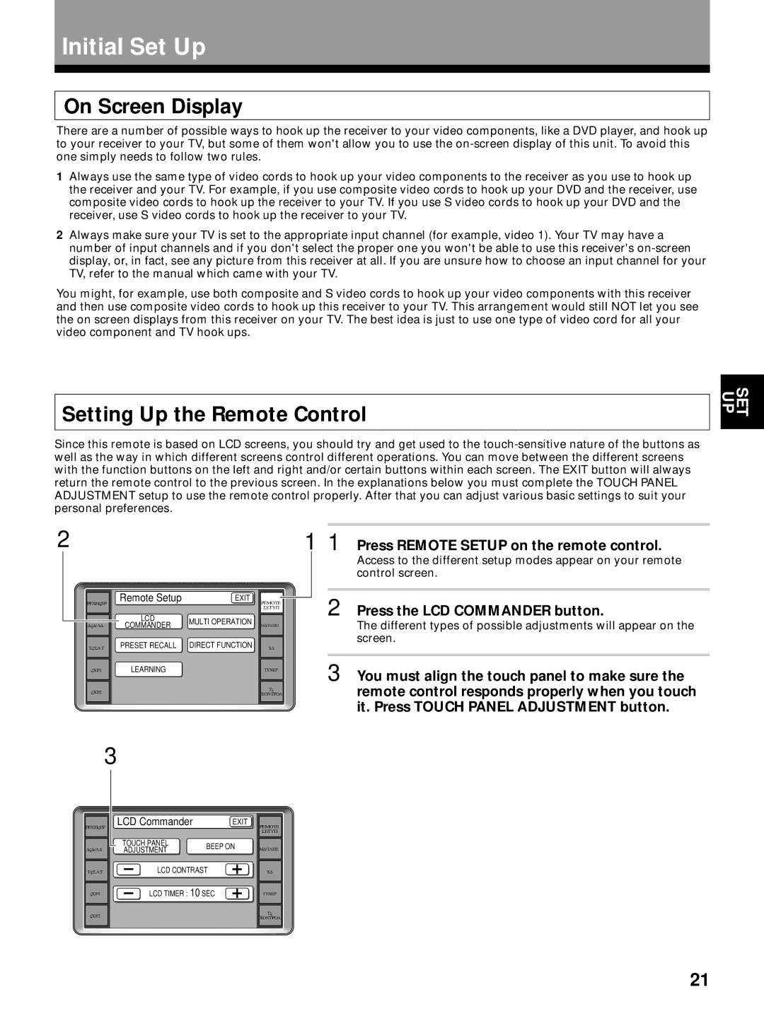 Pioneer VSX-29TX manual Initial Set Up, On Screen Display, Setting Up the Remote Control, Press the LCD Commander button 