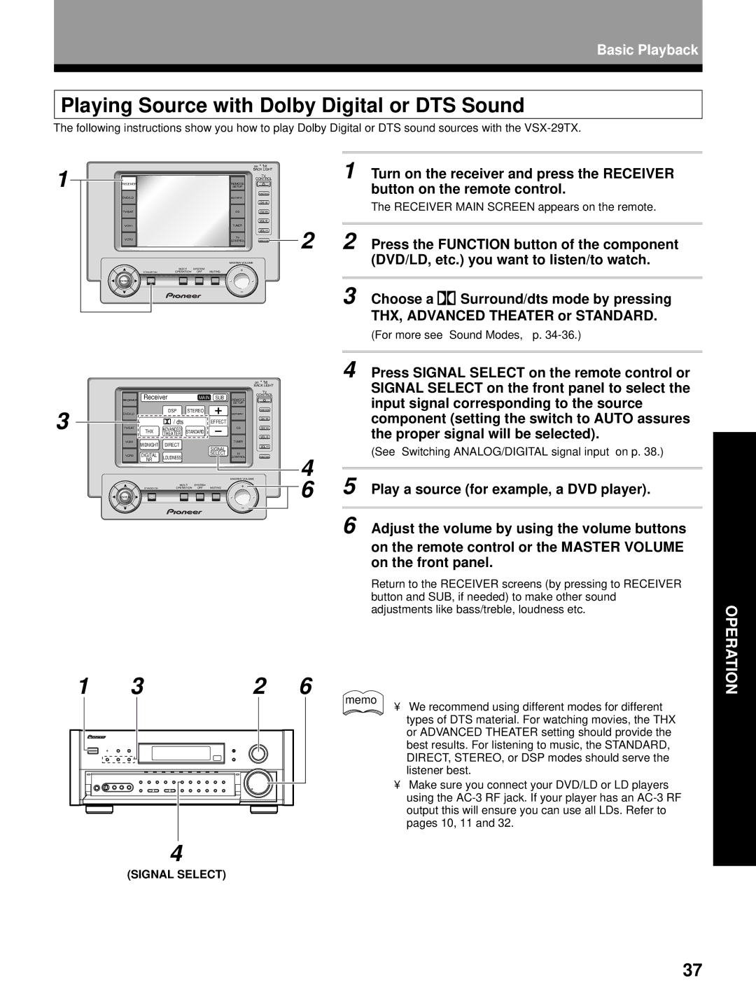 Pioneer VSX-29TX manual Playing Source with Dolby Digital or DTS Sound, Back Light 