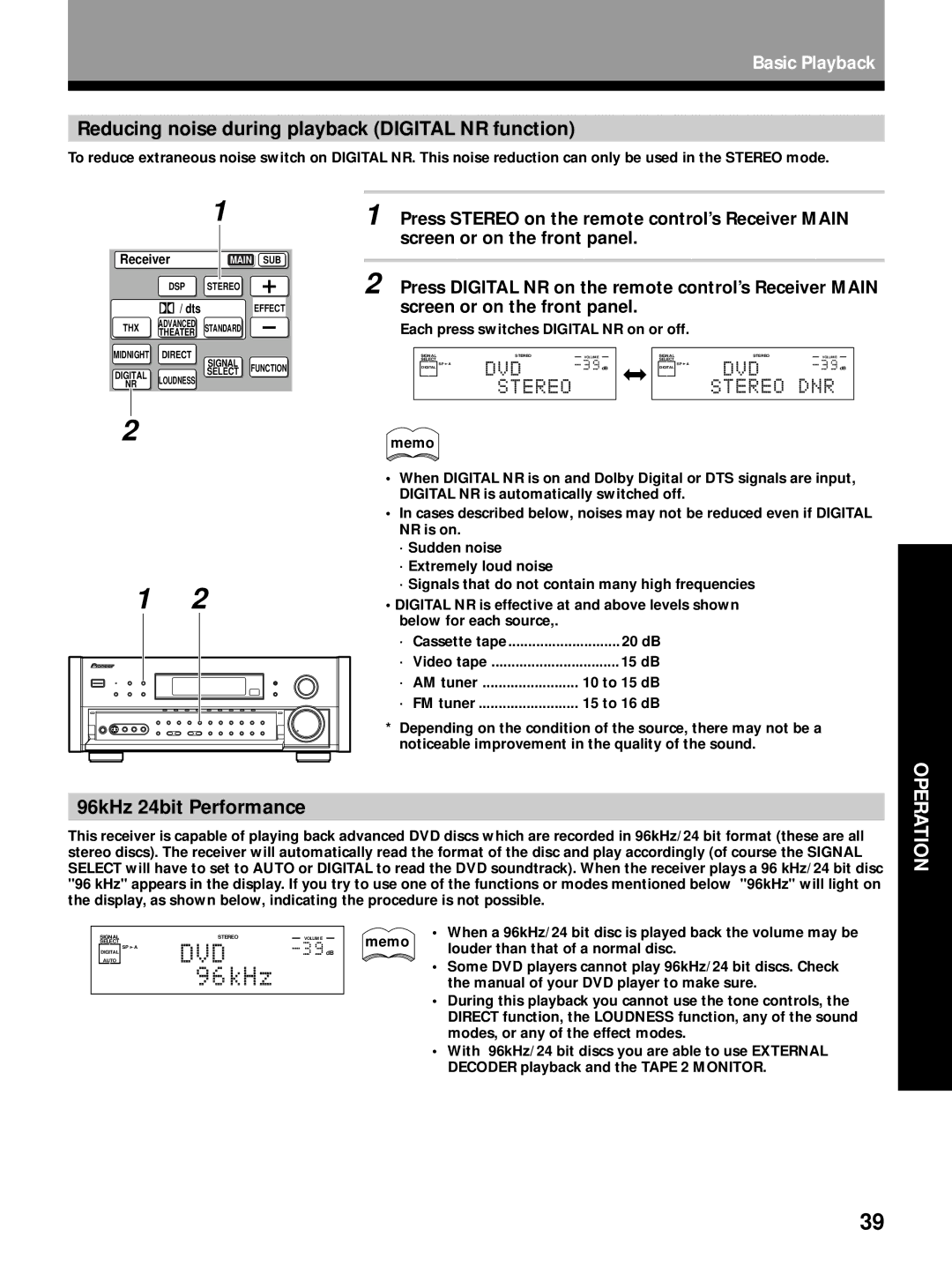 Pioneer VSX-29TX manual Reducing noise during playback Digital NR function, 96kHz 24bit Performance 