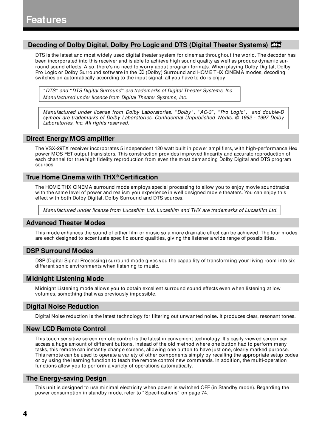 Pioneer VSX-29TX manual Features 