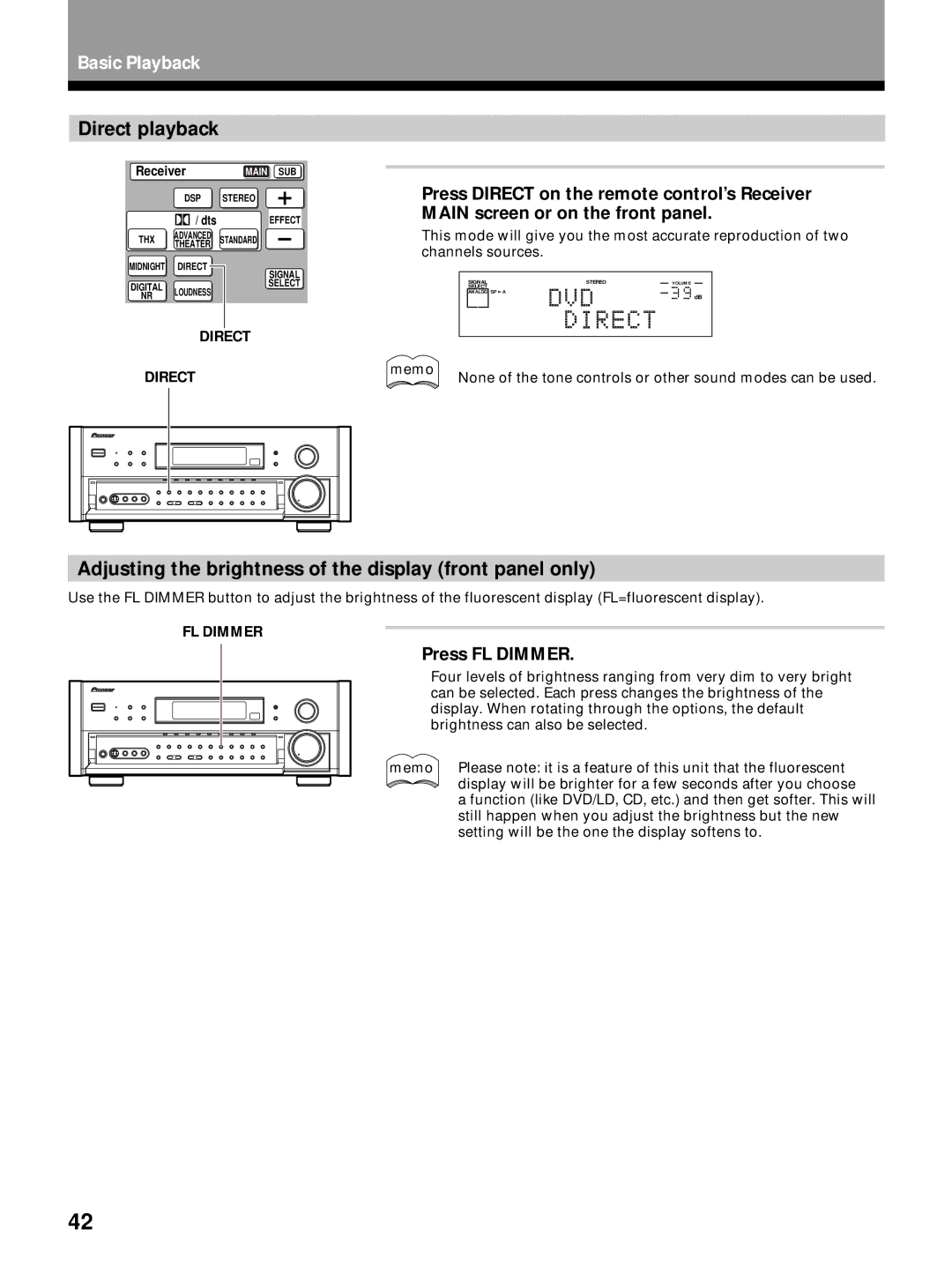 Pioneer VSX-29TX manual Direct playback, Adjusting the brightness of the display front panel only, Press FL Dimmer 