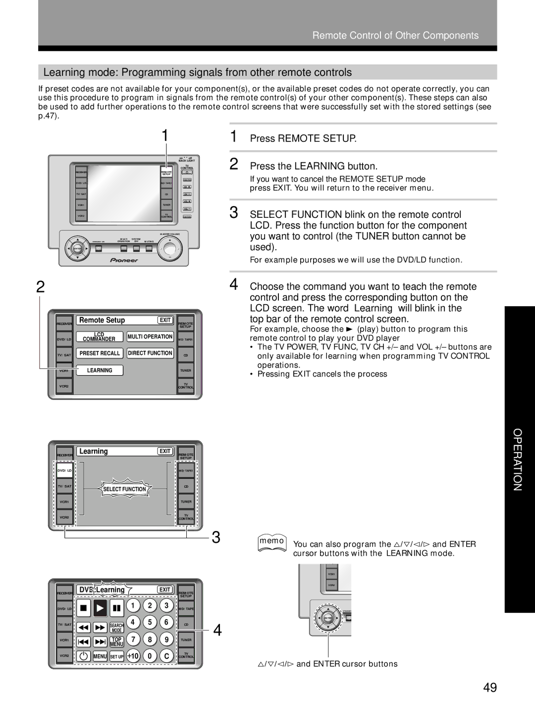 Pioneer VSX-29TX manual Press the Learning button, Select Function blink on the remote control, Used 