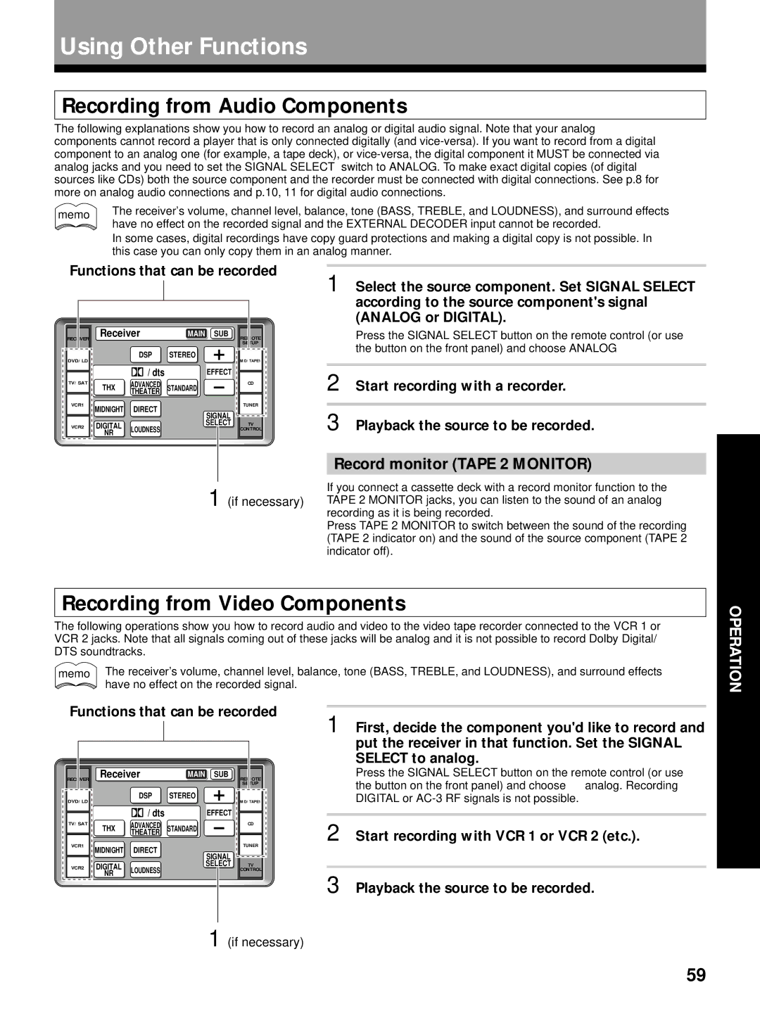 Pioneer VSX-29TX manual Using Other Functions, Recording from Audio Components, Recording from Video Components 