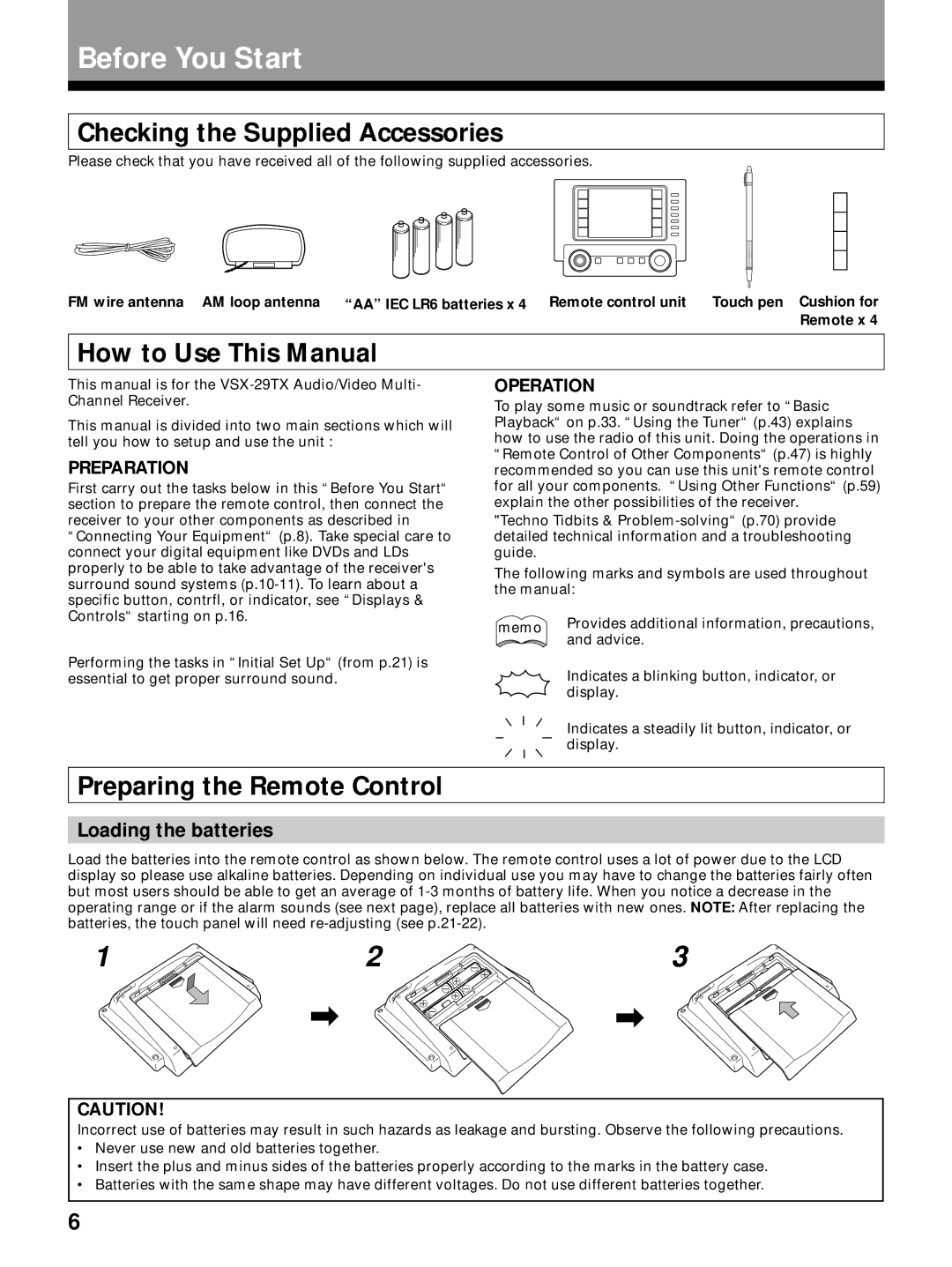 Pioneer VSX-29TX Before You Start, Checking the Supplied Accessories, How to Use This Manual, Preparing the Remote Control 