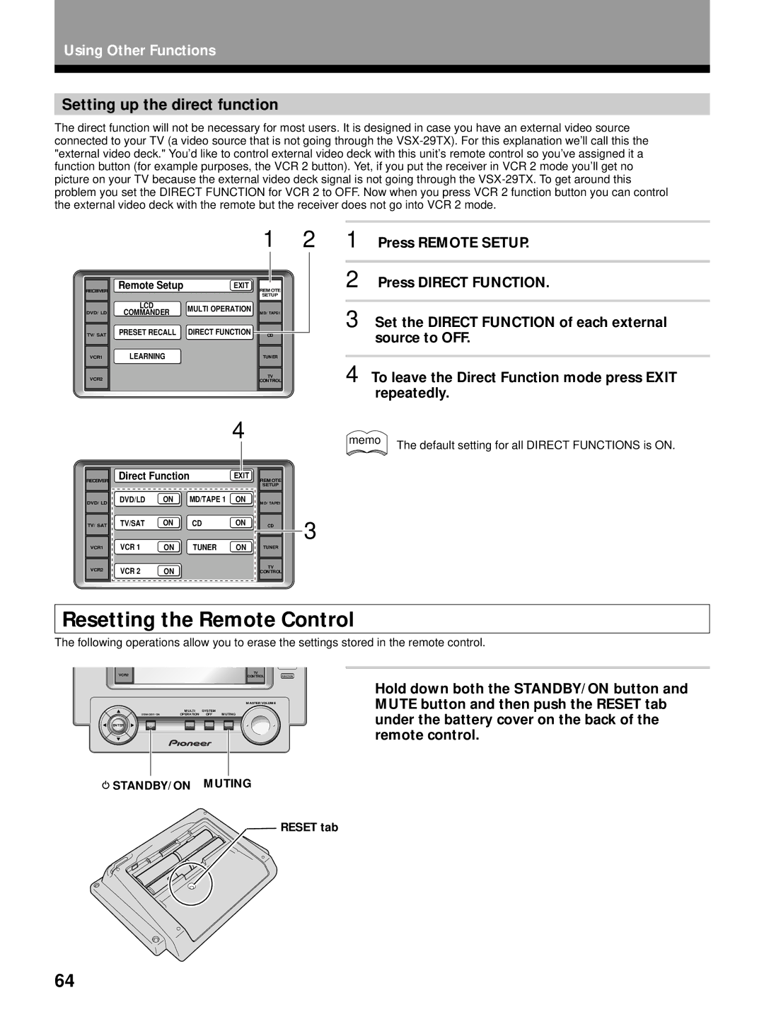 Pioneer VSX-29TX manual Resetting the Remote Control, Setting up the direct function 