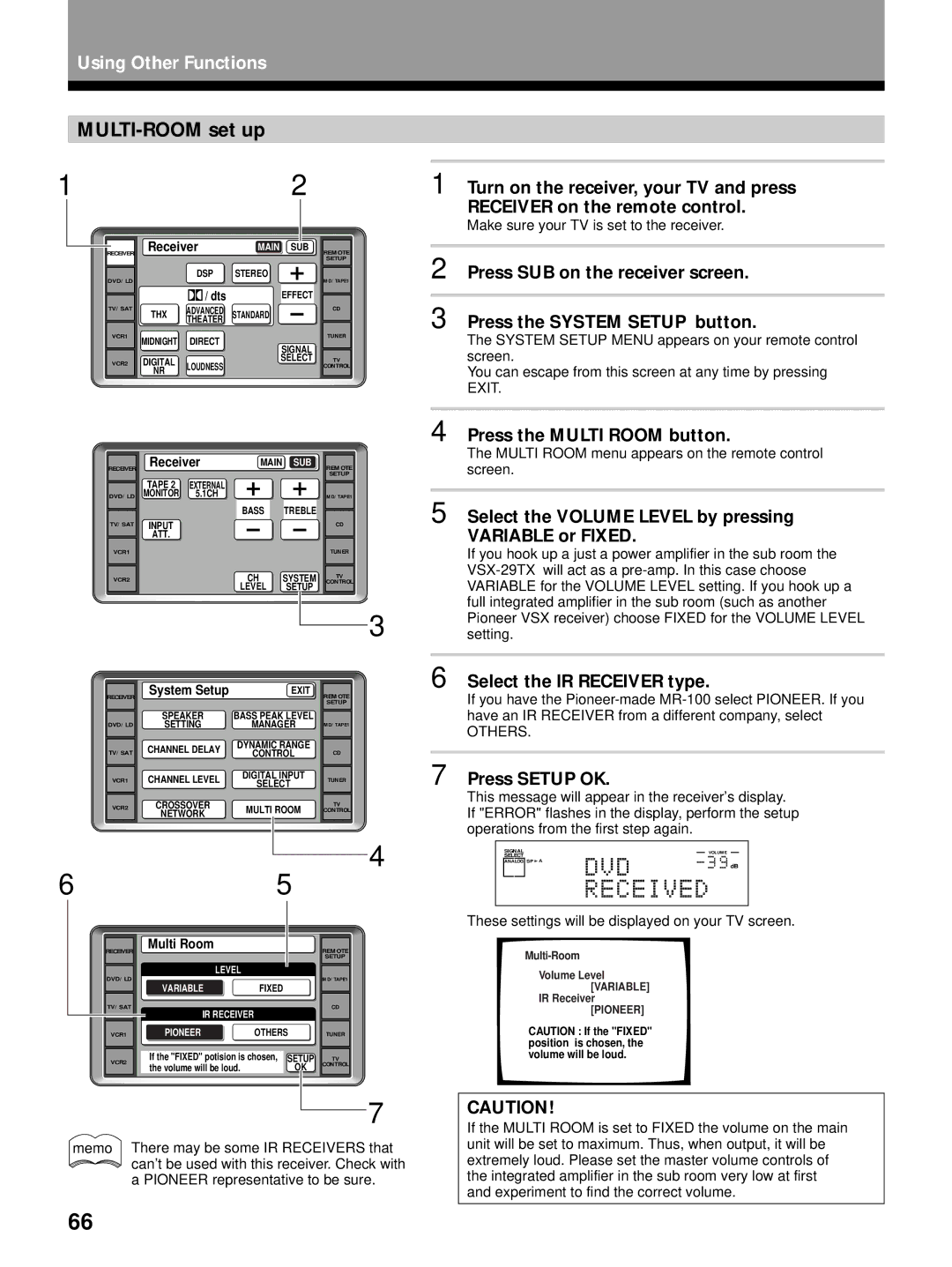 Pioneer VSX-29TX MULTI-ROOM set up, Press the Multi Room button, Select the Volume Level by pressing Variable or Fixed 