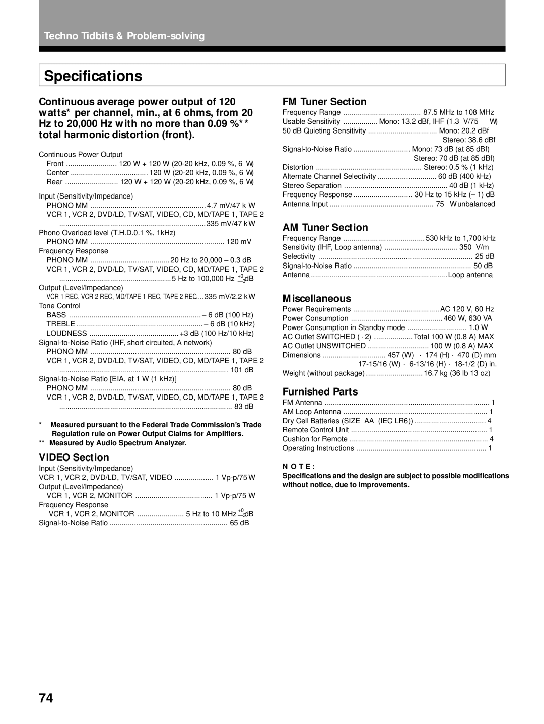 Pioneer VSX-29TX manual Specifications 