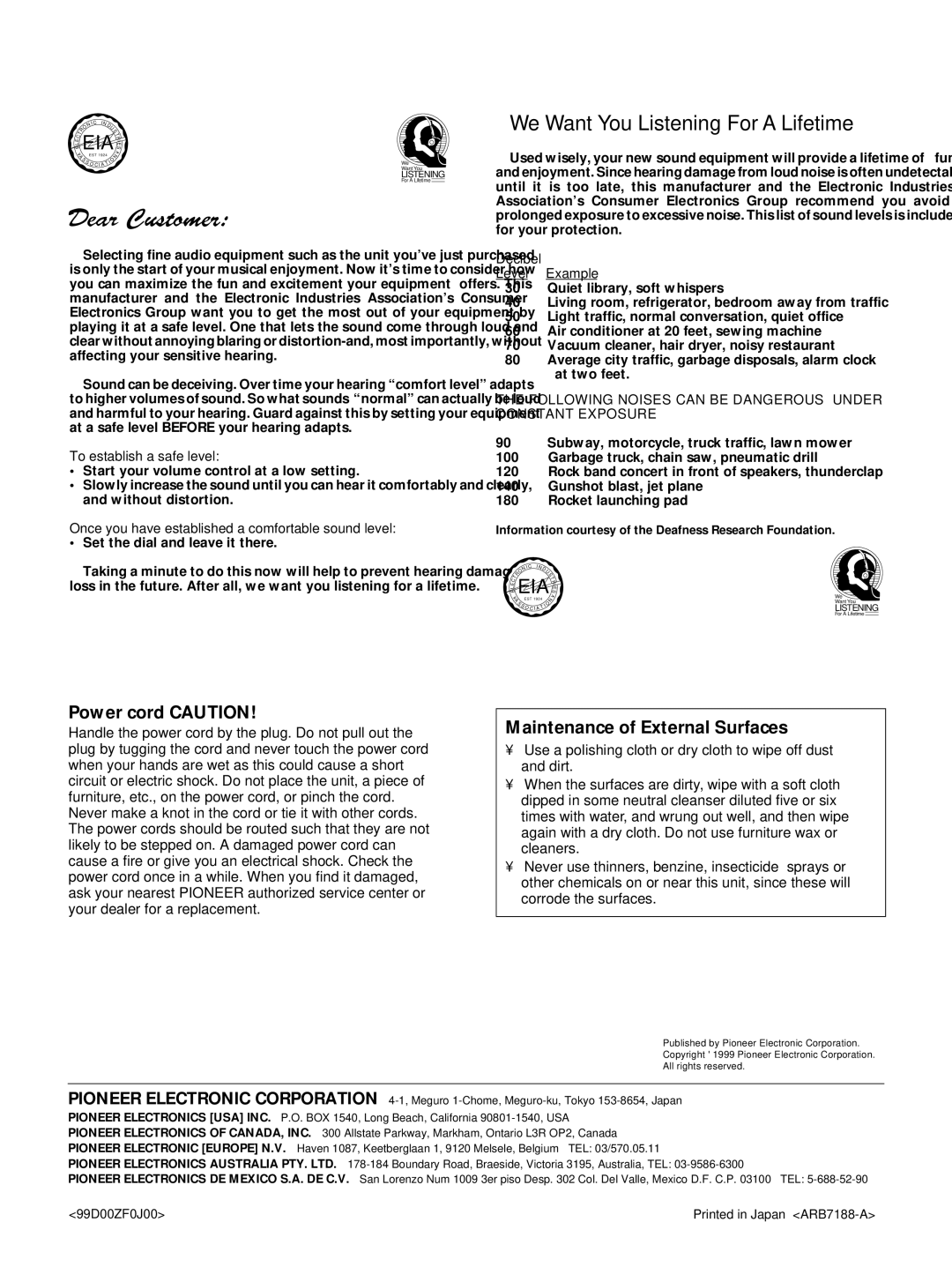 Pioneer VSX-29TX manual Eia, Power cord Caution, Maintenance of External Surfaces 