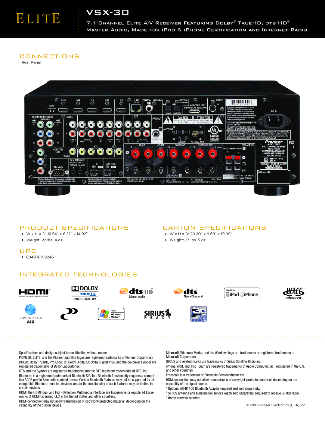 Pioneer VSX-30 manual Connections, Product Specifications, UPC Integrated Technologies, Carton Specifications 